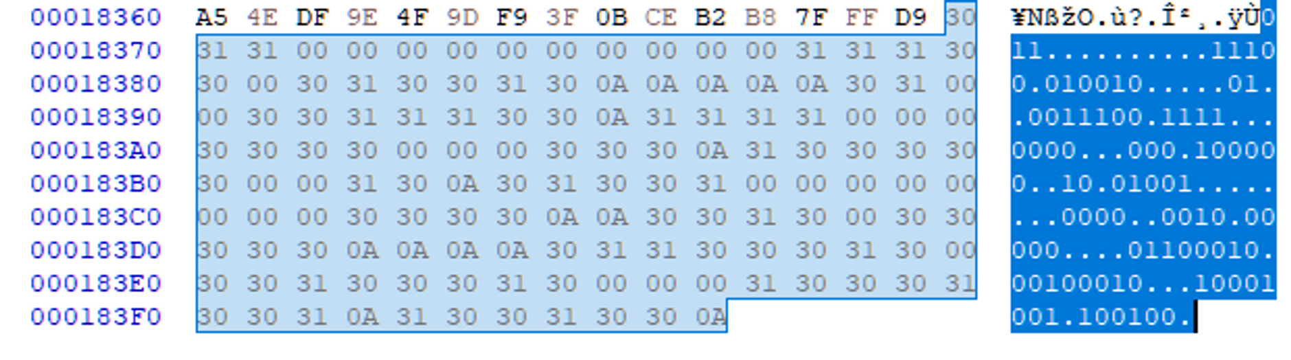 첨부된 파일을 HxD로 열고나서 파일의 끝 부분을 보면 2진수로 된 암호가 있음